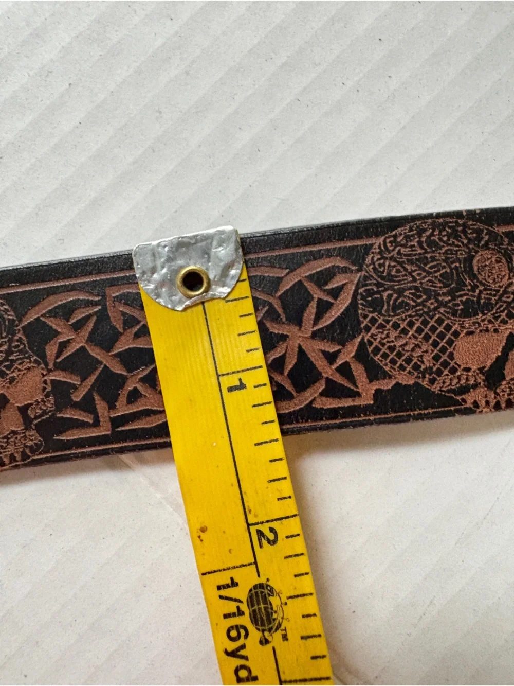 Unique brown black tooled leather belt Celtic knots skulls biker goth men’s 48